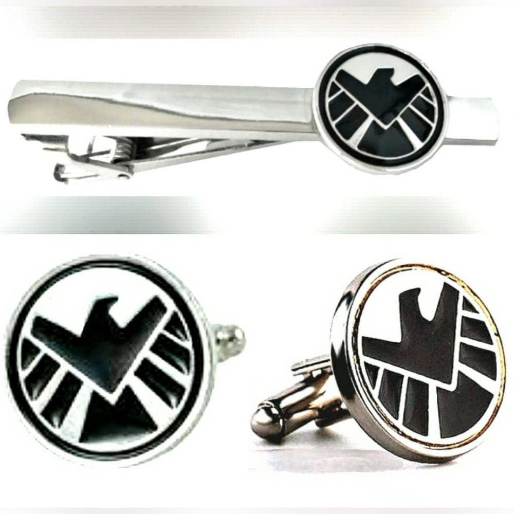 NEW! 3Pc S.H.I.E.L.D Cufflinks & Tie Bar Set! Stainless Steel & Enamel.